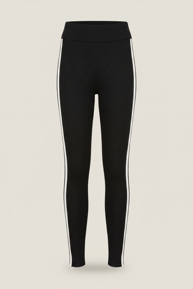 Pantalon Noir Côtelé Ajusté Rayures Blanches Femme - Maille - vue 3