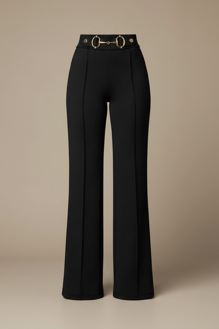 Pantalon Noir Taille Haute Droit Boucle Métallique - Polyester - vue 3