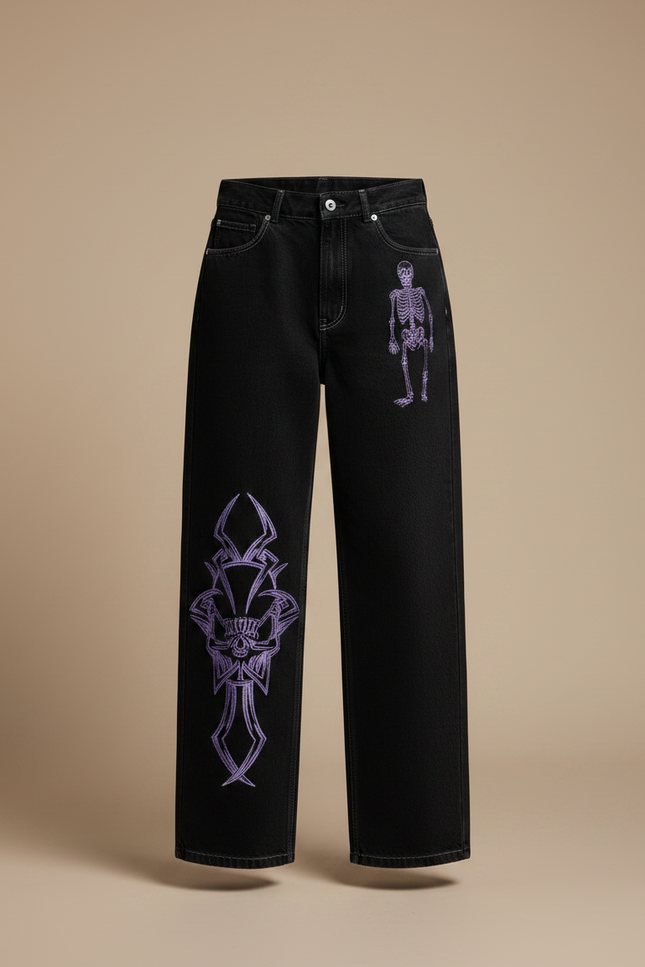 Pantalon Noir Ample Brodé Squelette Streetwear - Jean - vue 3