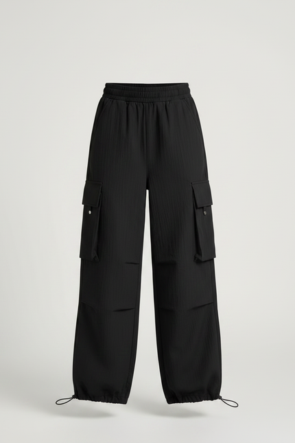 Pantalon Noir Cargo Ample Fille Streetwear Décontracté - Polyester - vue 3