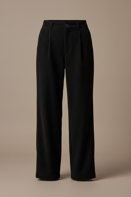 Pantalon Noir Côtelé Taille Haute Plissé Femme - Cordé - vue 3
