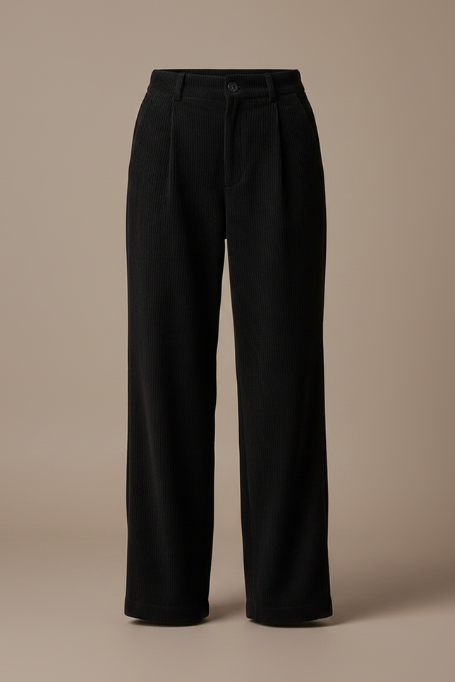 Pantalon Noir Côtelé Taille Haute Plissé Femme - Cordé - vue 3