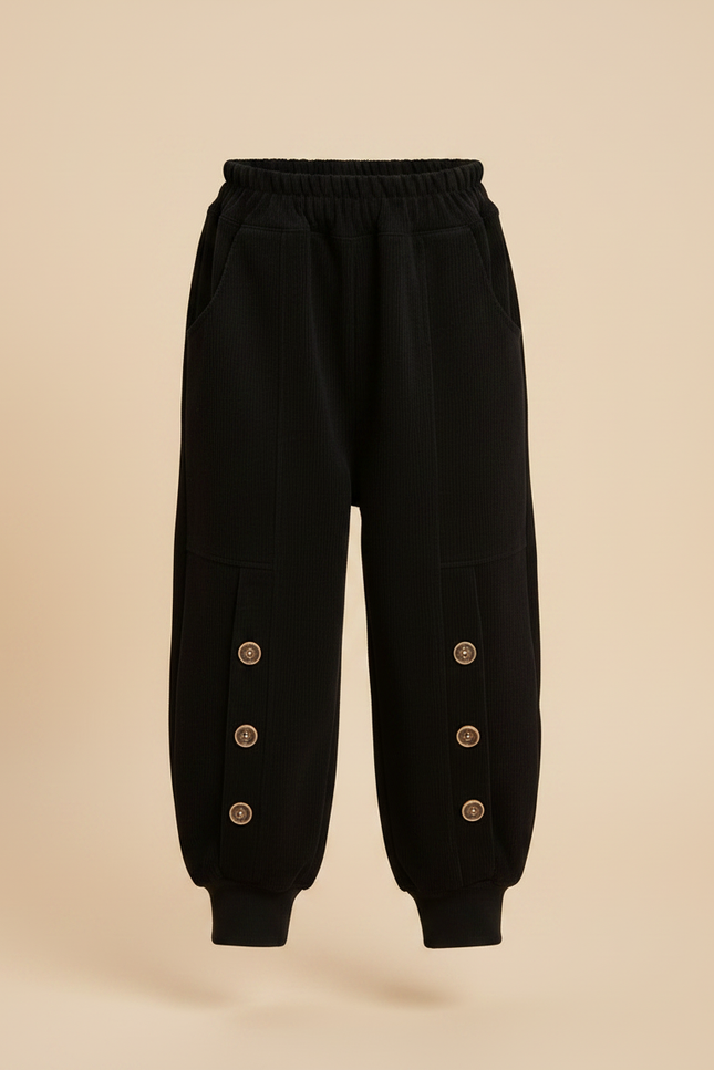 Pantalon Noir Côtelé Ample Boutons Décontracté Enfant - Cordé - vue 3