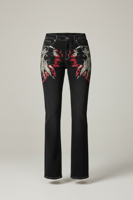 Pantalon Noir Jeans Ample Brodé Aigle Femme - vue 3