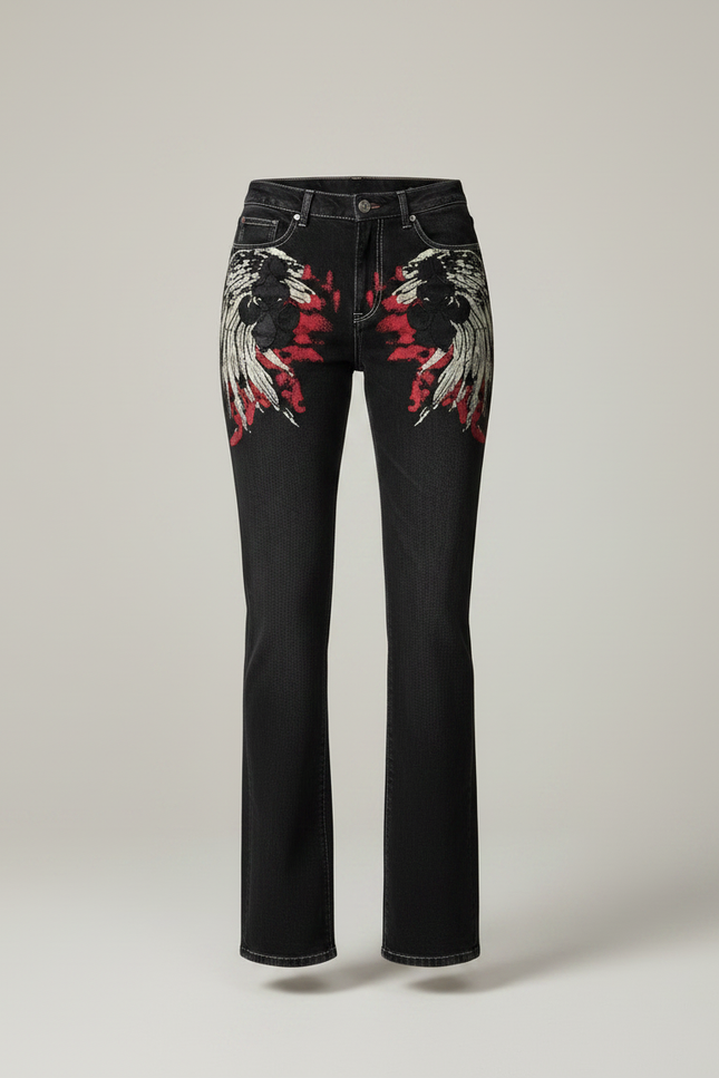 Pantalon Noir Jeans Ample Brodé Aigle Femme - vue 3