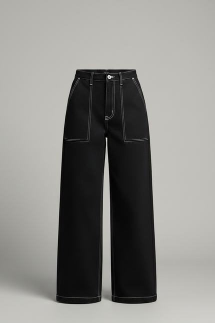 Pantalon Noir Ample Coutures Blanches Décontracté Femme - Toile - vue 3