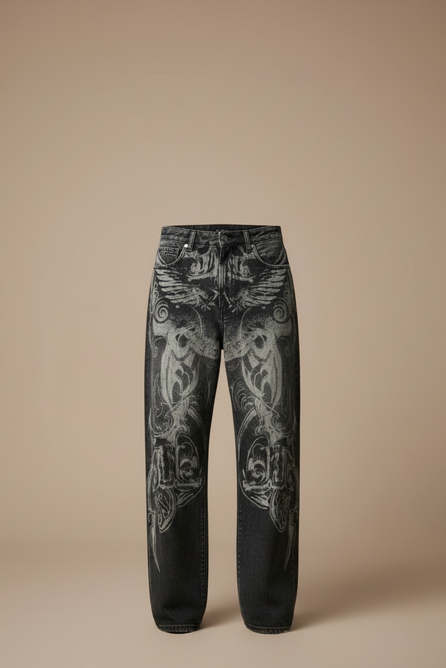 Pantalon Noir Baggy Brodé Vintage Hip Hop - Jean - vue 3