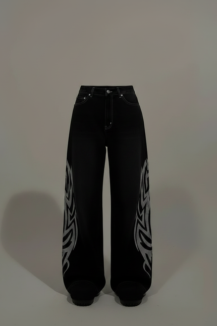 Pantalon Noir Baggy Tribal Ample Streetwear Femme - Jean - vue 3