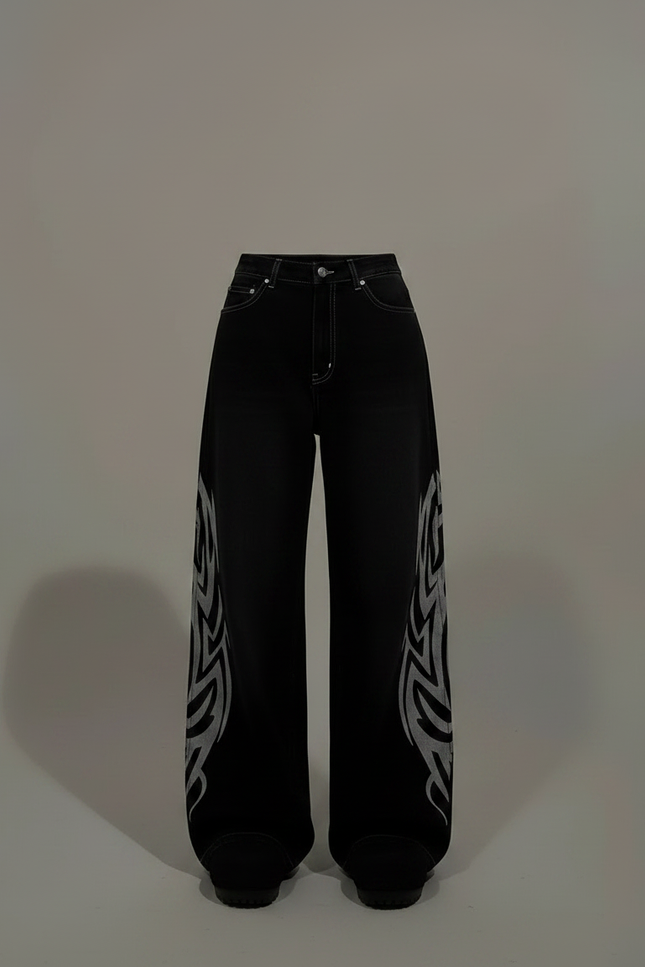 Pantalon Noir Baggy Tribal Ample Streetwear Femme - Jean - vue 3