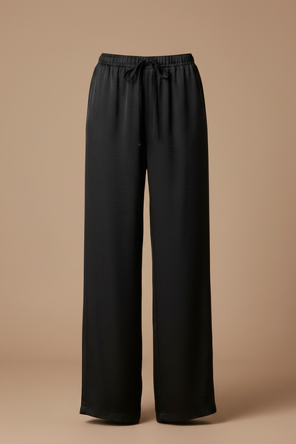 Pantalon Noir Fluide Satin Ample Cordon Élégant - vue 3