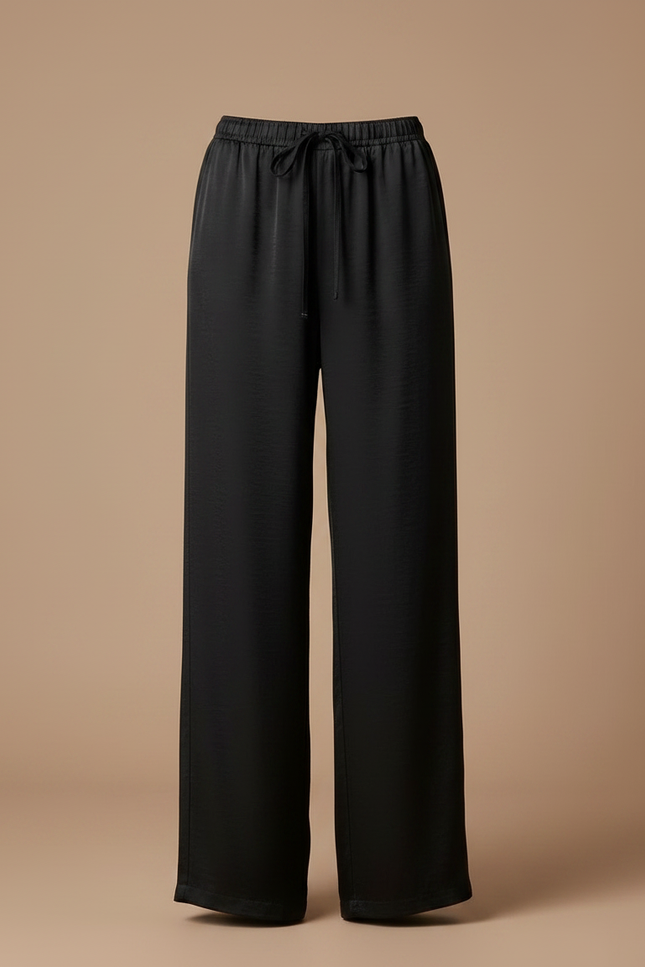 Pantalon Noir Fluide Satin Ample Cordon Élégant - vue 3