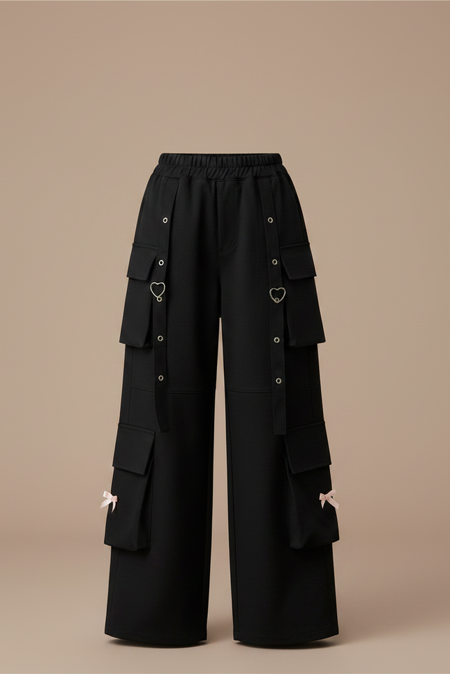 Pantalon Noir Cargo Ample Fille Cœurs Nœuds - Gabardine - vue 3