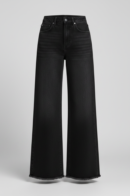 Pantalon Noir Large Décontracté Effiloché Denim Femme - Jean - vue 3