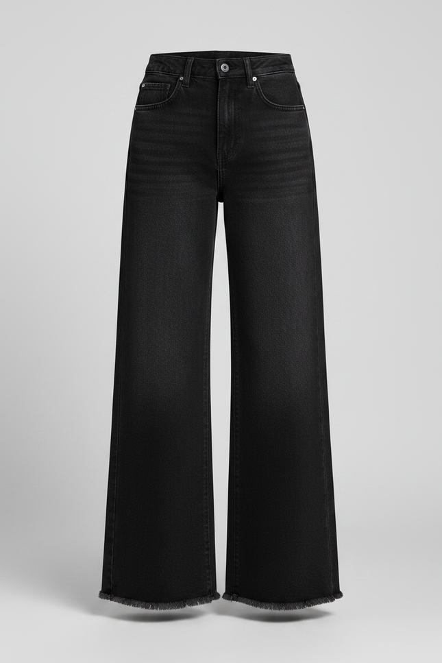 Pantalon Noir Large Décontracté Effiloché Denim Femme - Jean - vue 3