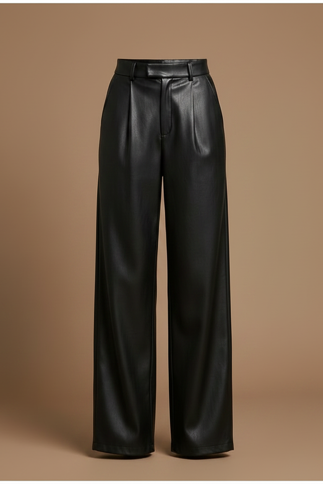 Pantalon Noir Similicuir Plissé Large Élégant Femme - Simili cuir - vue 3
