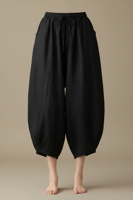 Pantalon Noir Lin Ample Carotte Décontracté Femme - vue 3
