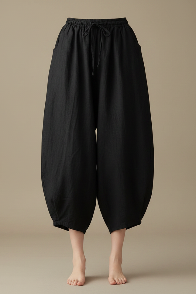 Pantalon Noir Lin Ample Carotte Décontracté Femme - vue 3