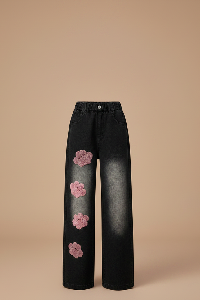 Pantalon Noir Denim Ample Brodé Patte Chat Fille - Jean - vue 3
