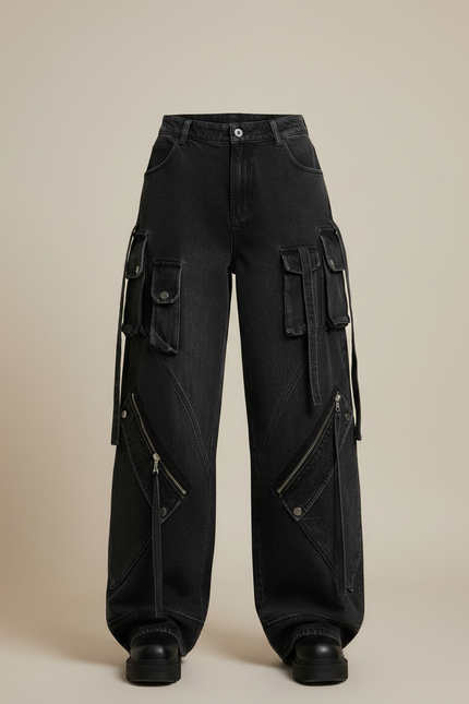 Pantalon Noir Cargo Baggy Denim Y2K Zippé - Jean - vue 3