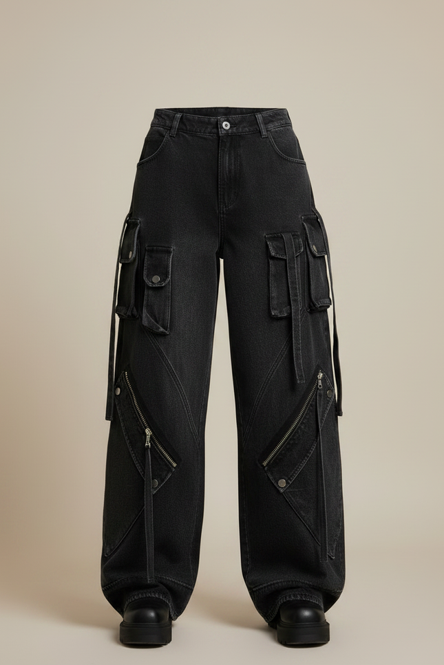 Pantalon Noir Cargo Baggy Denim Y2K Zippé - Jean - vue 3