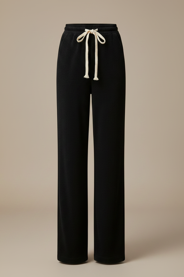 Pantalon Noir Côtelé Ample Décontracté Cordon Élastique - Cordé - vue 3