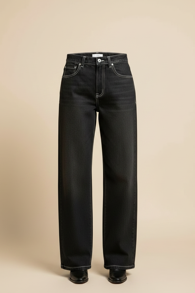 Pantalon Noir Large Denim Coutures Blanches Femme - Jean - vue 3