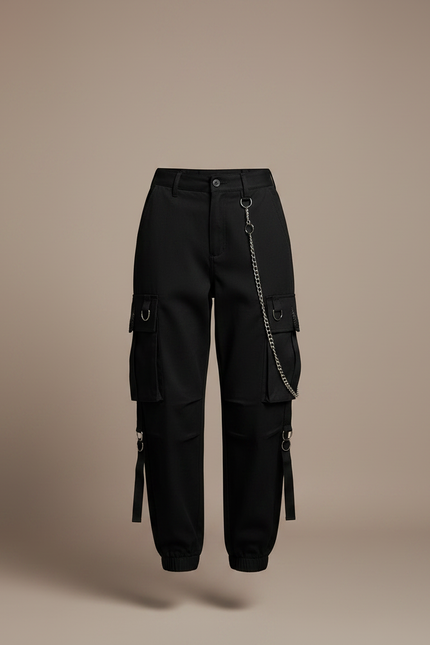 Pantalon Noir Cargo Ample Chaîne Punk Streetwear Femme - Coton - vue 3