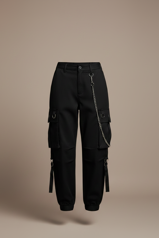 Pantalon Noir Cargo Ample Chaîne Punk Streetwear Femme - Coton - vue 3