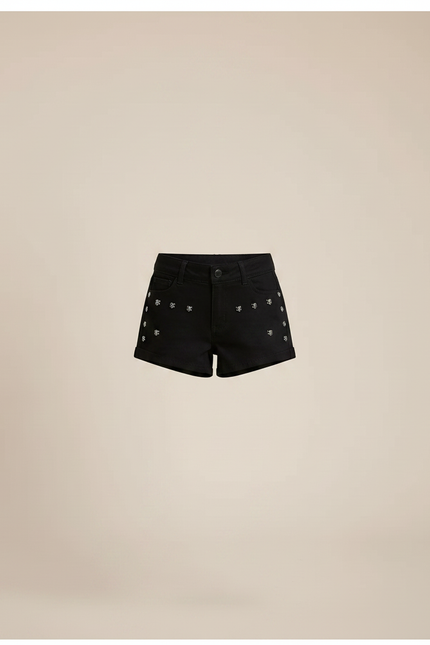 Pantalon Noir Short Denim Brodé Ceinturé Fille - Jean - vue 3