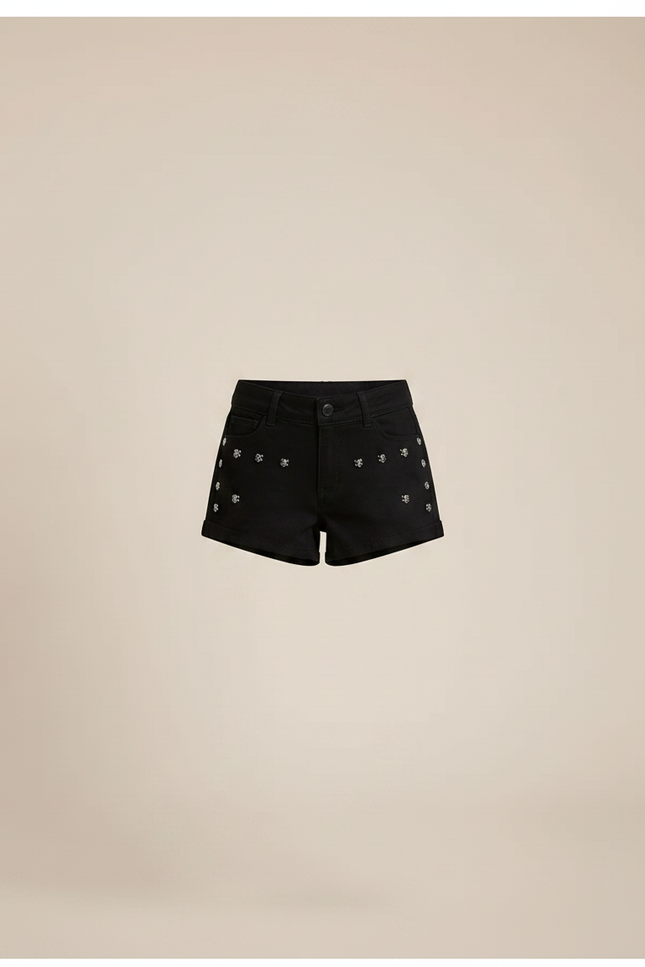 Pantalon Noir Short Denim Brodé Ceinturé Fille - Jean - vue 3