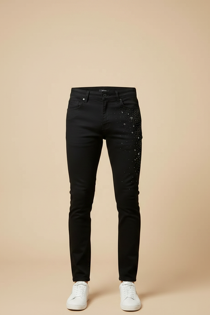 Pantalon Noir Slim Décoré Strass Homme Tendance - Jean - vue 3