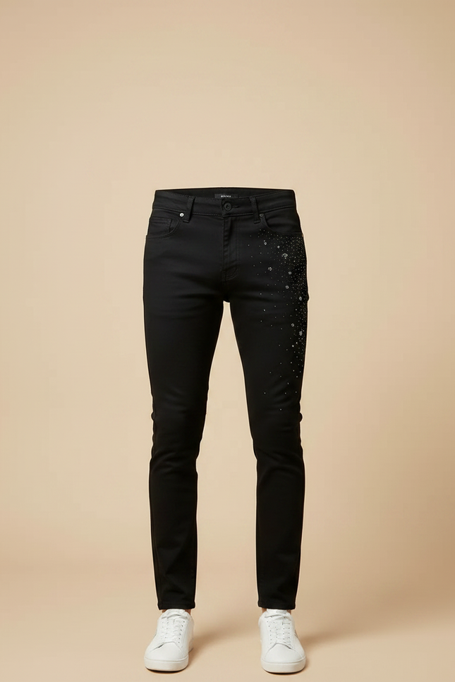 Pantalon Noir Slim Décoré Strass Homme Tendance - Jean - vue 3