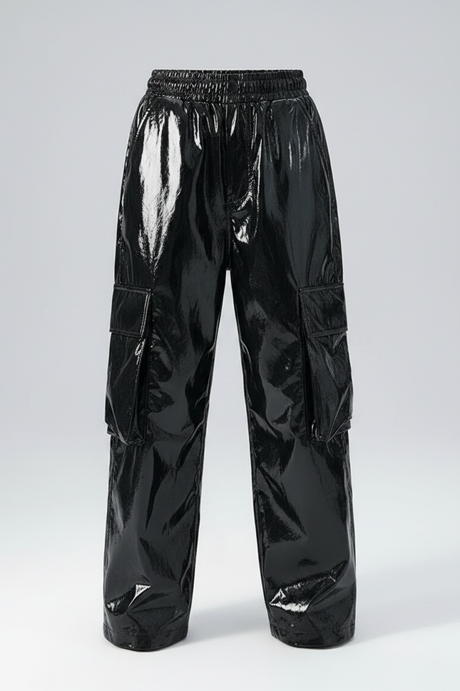 Pantalon Noir Brillant Cargo Ample Garçon Streetwear - Simili cuir - vue 3