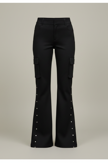 Pantalon Noir Évasé Rivets Cargo Taille Haute - Gabardine - vue 3