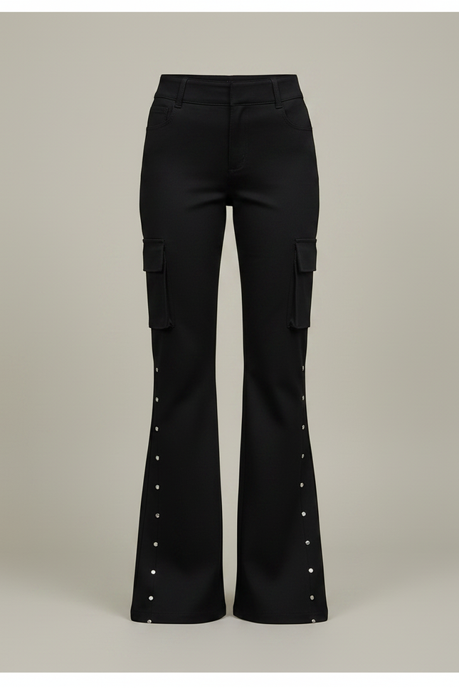 Pantalon Noir Évasé Rivets Cargo Taille Haute - Gabardine - vue 3