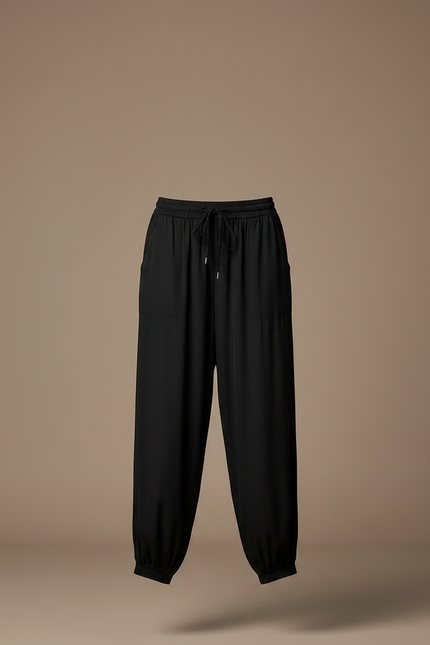 Pantalon Noir Fluide Ample Décontracté Cordon Femme - Viscose - vue 3
