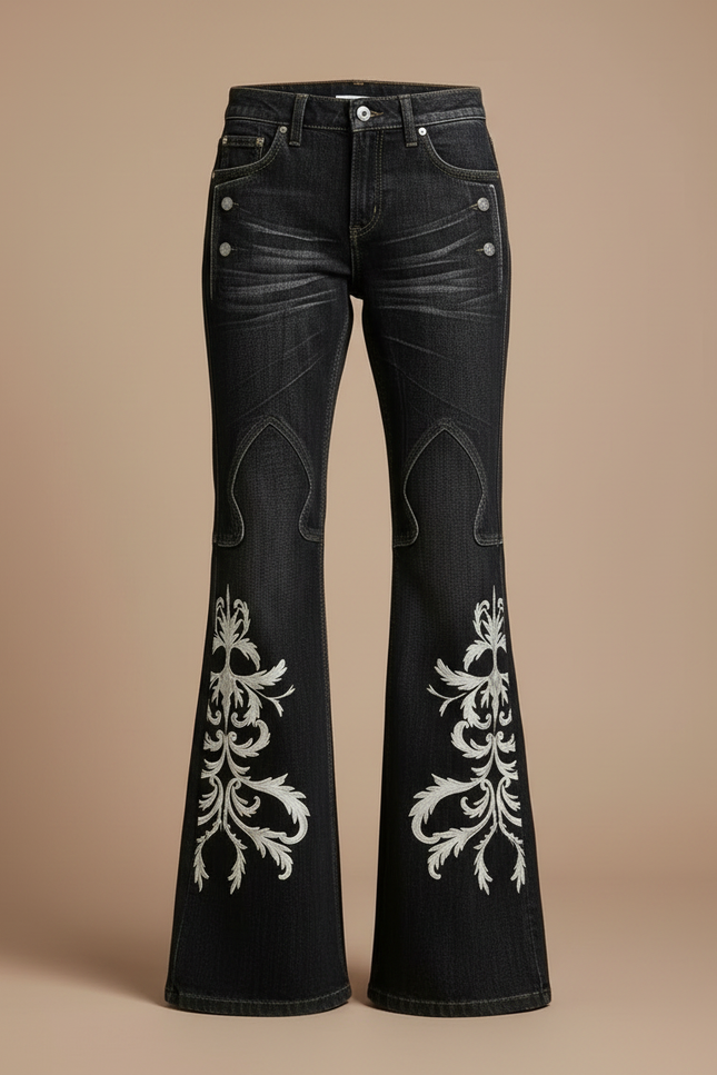 Pantalon Noir Évasé Brodé Vintage Y2K - Jean - vue 3