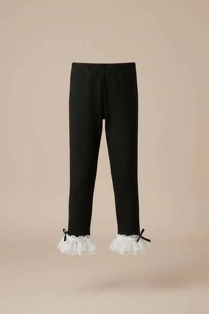 Pantalon Noir Fille Côtelé Volants Dentelle Nœuds - Maille - vue 3