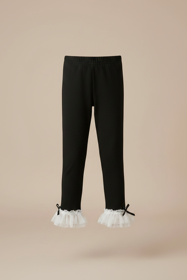 Pantalon Noir Fille Côtelé Volants Dentelle Nœuds - Maille - vue 3