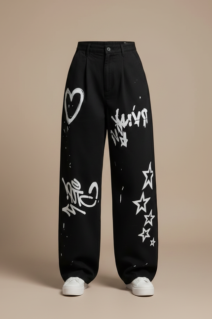 Pantalon Noir Ample Graffitis Blancs Décontracté Femme - Toile - vue 3