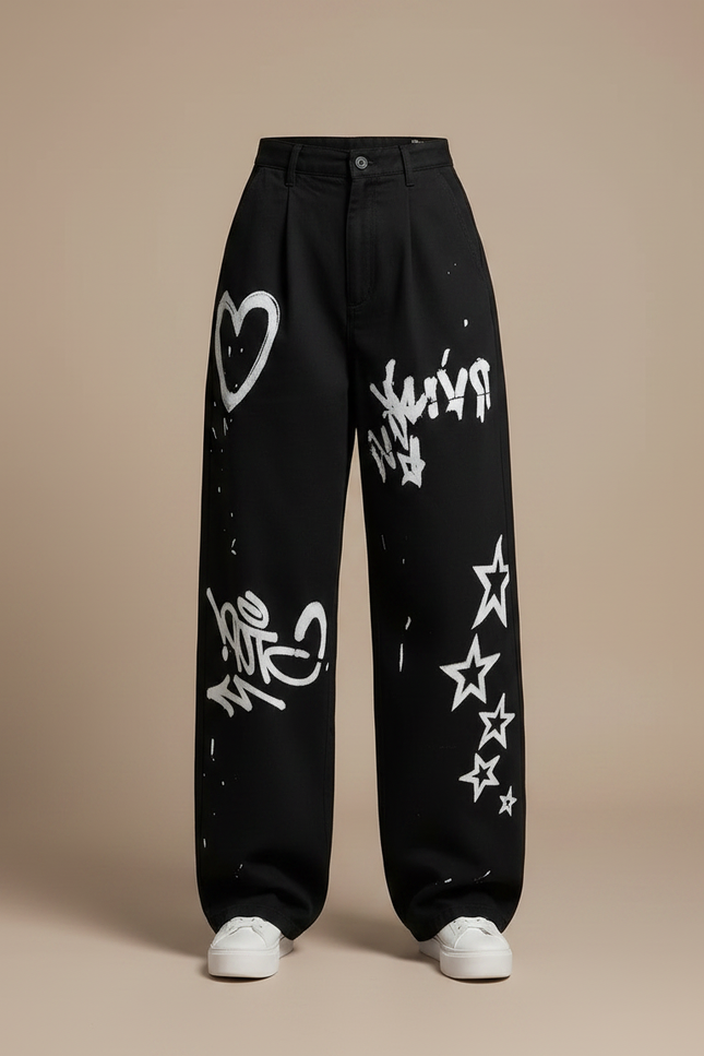 Pantalon Noir Ample Graffitis Blancs Décontracté Femme - Toile - vue 3
