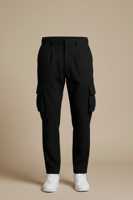 Pantalon Noir Cargo Homme Plissé Rayé Décontracté - Cordé - vue 3