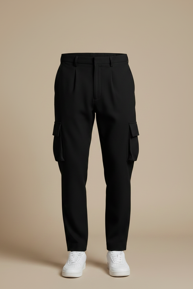 Pantalon Noir Cargo Homme Plissé Rayé Décontracté - Cordé - vue 3