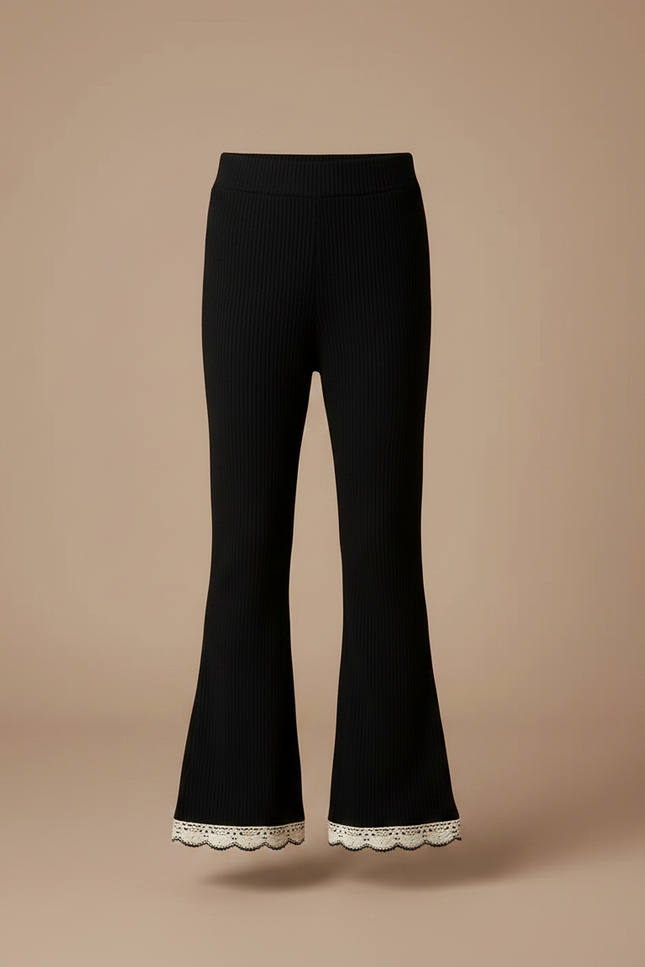 Pantalon Noir Côtelé Évasé Dentelle Crème Fille - Maille - vue 3