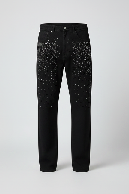 Pantalon Noir Strass Décontracté Coupe Droite Homme - Jean - vue 3