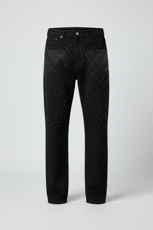Pantalon Noir Strass Décontracté Coupe Droite Homme - Jean - vue 3