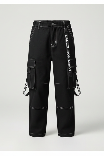 Pantalon Noir Cargo Garçon Surpiqûres Blanches Streetwear - Toile - vue 3