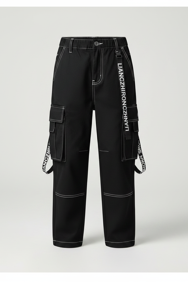 Pantalon Noir Cargo Garçon Surpiqûres Blanches Streetwear - Toile - vue 3