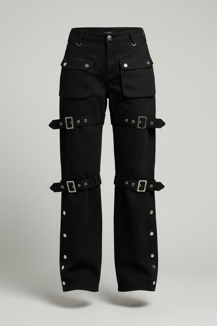 Pantalon Noir Cargo Boucles Y2K Streetwear Ample - Toile - vue 3