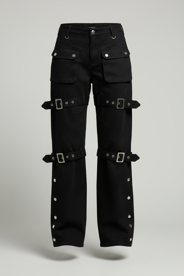 Pantalon Noir Cargo Boucles Y2K Streetwear Ample - Toile - vue 3